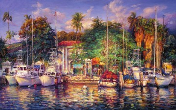 ドックスケープ Painting - ラハイナの午後の都市部のボートの波止場風景